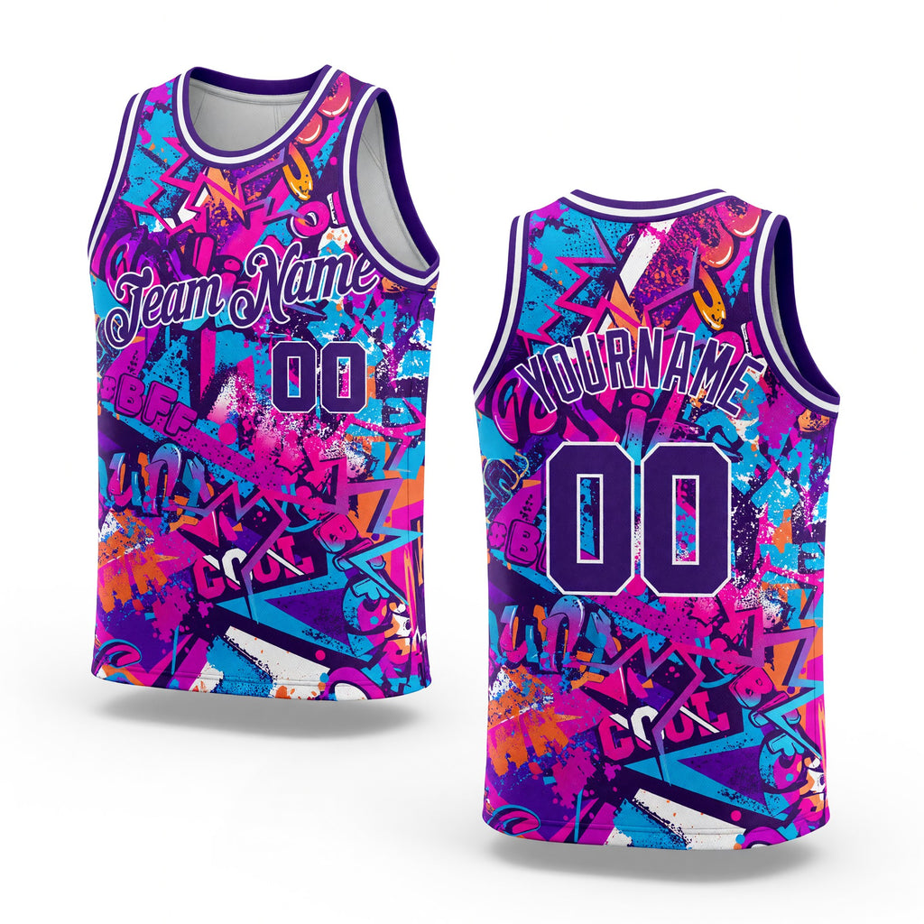 Custom Graffiti Pattern Purple-White 3D Words Authentic Basketball Jersey