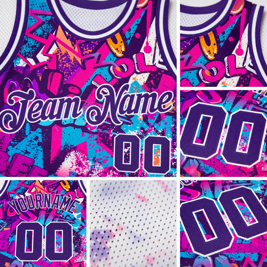 Custom Graffiti Pattern Purple-White 3D Words Authentic Basketball Jersey detail
