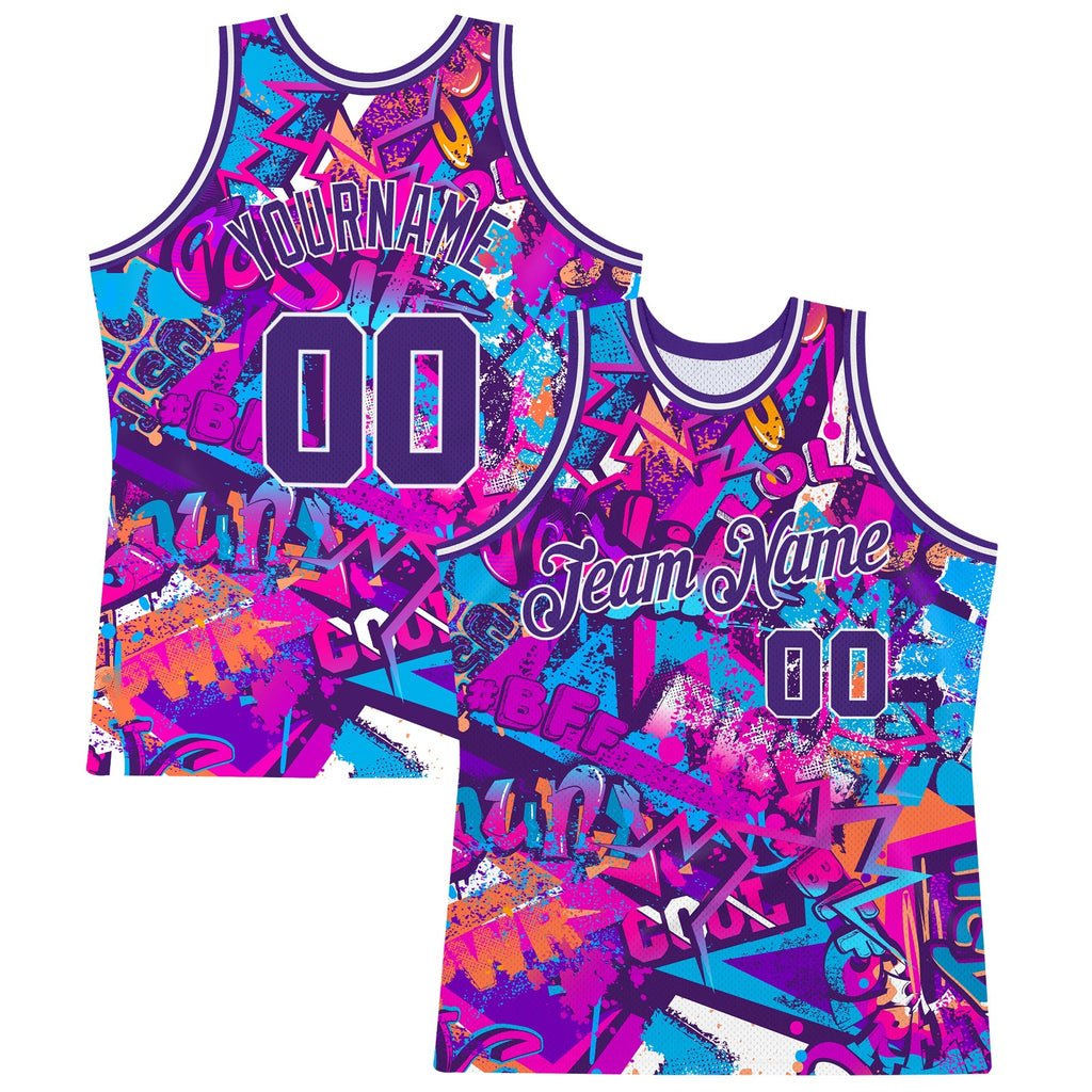 Custom Graffiti Pattern Purple-White 3D Words Authentic Basketball Jersey photo 1