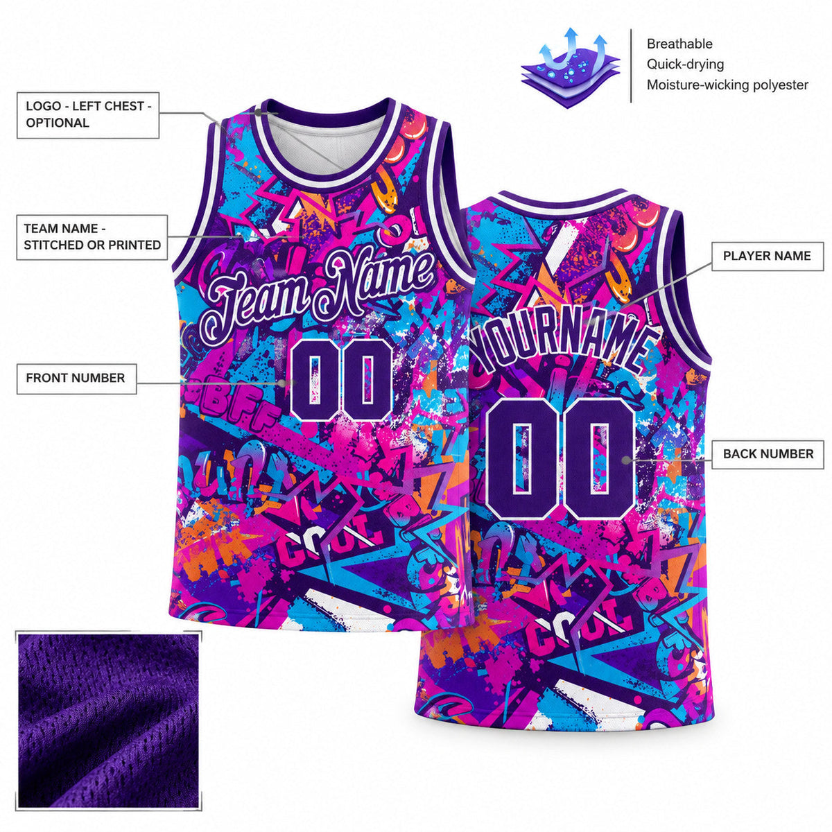 Custom Purple and White Graffiti Words Authentic Basketball Jersey customization guide