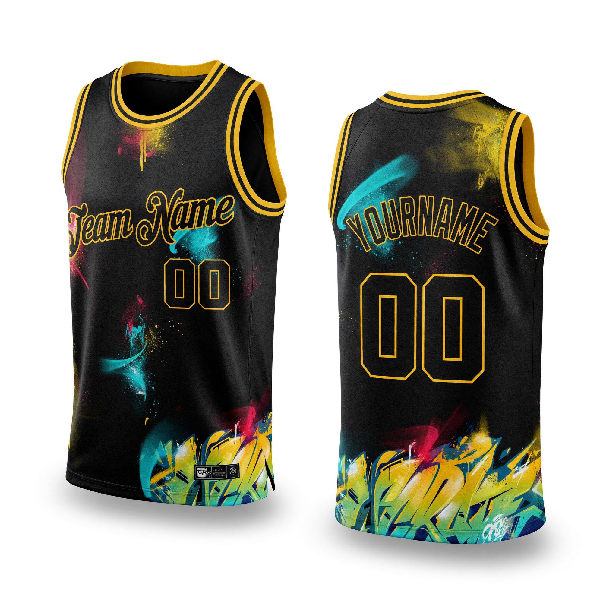 Custom Graffiti Pattern Black-Gold 3D Authentic Basketball Jersey