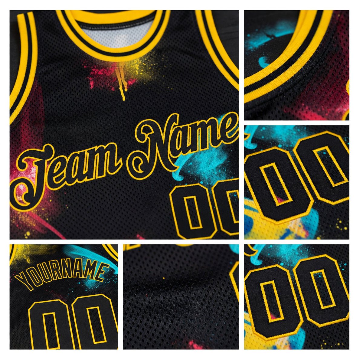 Custom Graffiti Pattern Black-Gold 3D Authentic Basketball Jersey detail