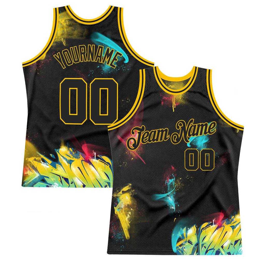 Custom Graffiti Pattern Black-Gold 3D Authentic Basketball Jersey photo 1
