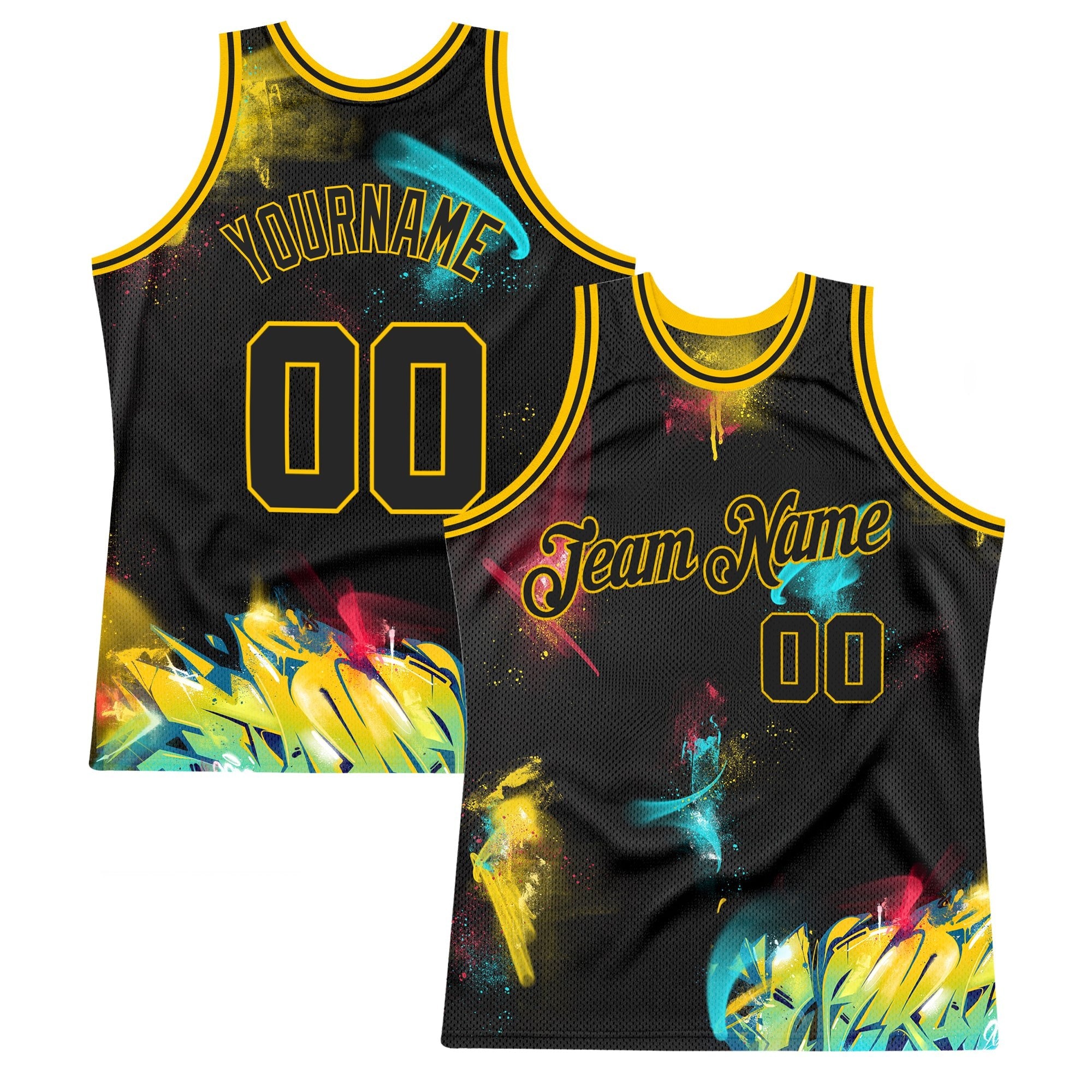 Custom Graffiti Pattern Black-Gold 3D Authentic Basketball Jersey photo 1