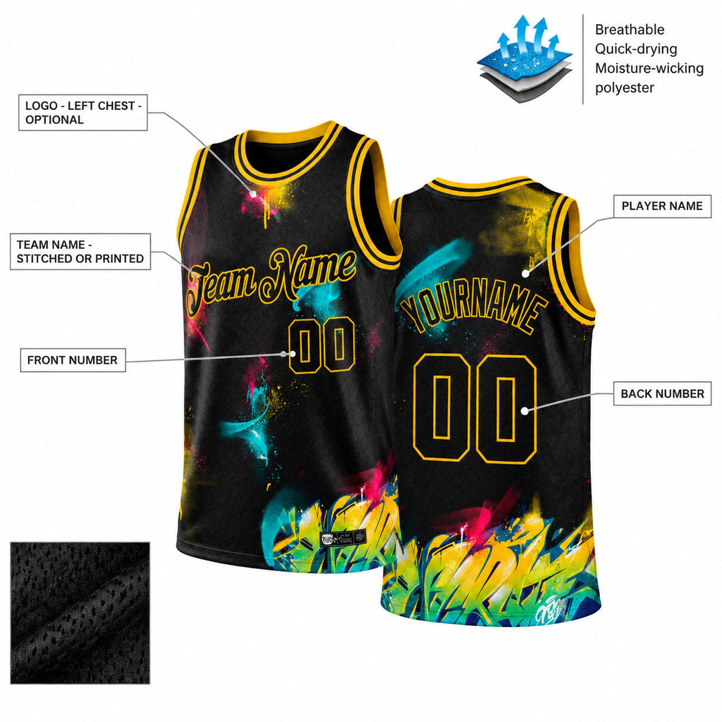 Custom Black and Gold Graffiti Authentic Basketball Jersey customization guide