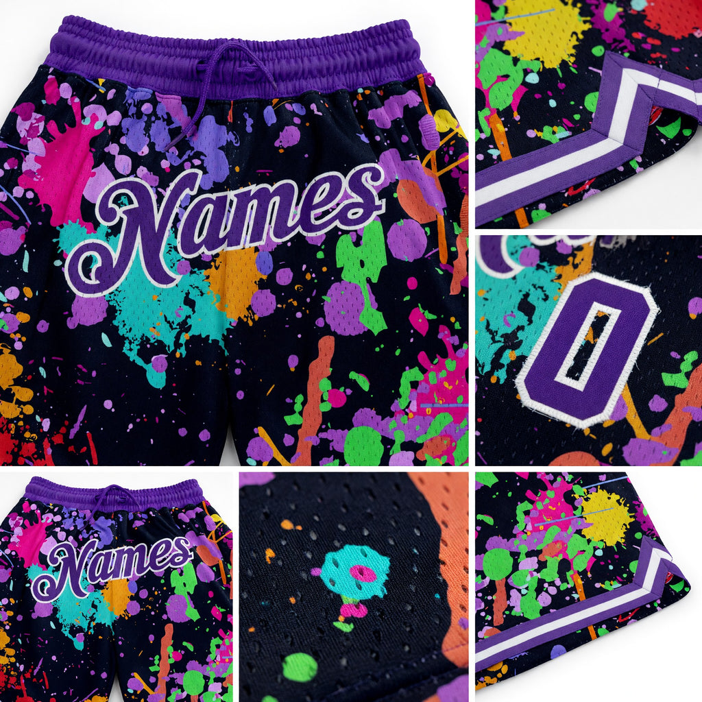 Custom Graffiti Pattern Purple-White 3D Splashes Authentic Basketball Shorts detail