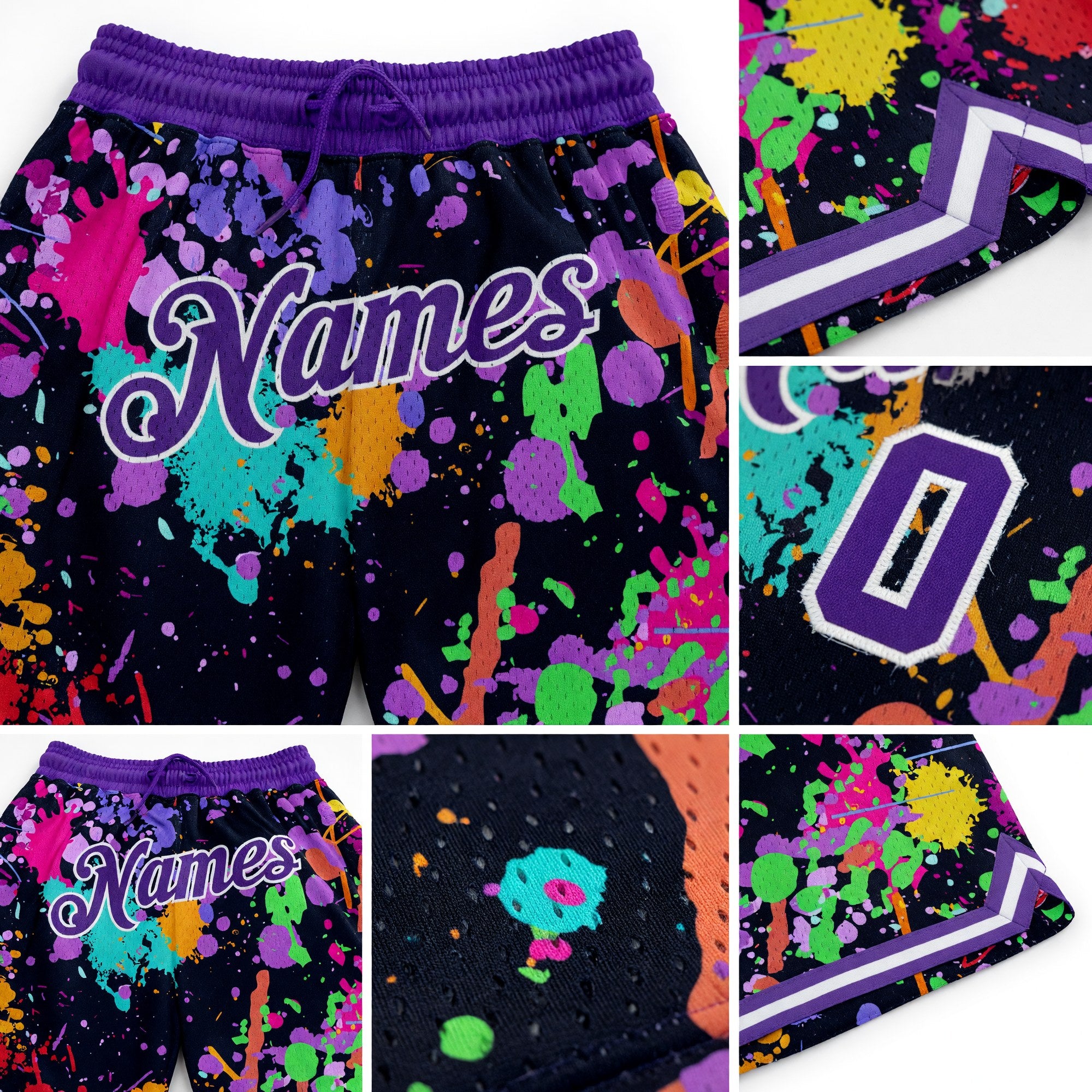 Custom Graffiti Pattern Purple-White 3D Splashes Authentic Basketball Shorts detail