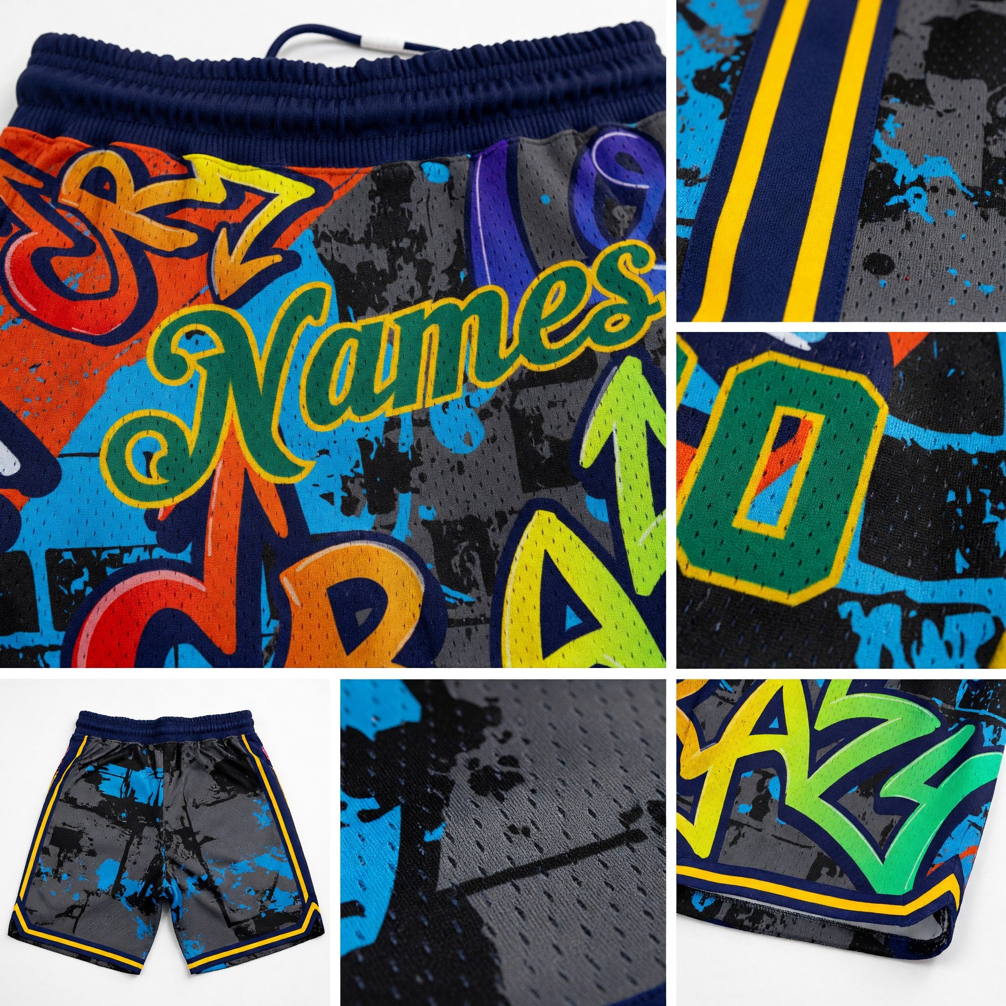 Custom Graffiti Pattern Kelly Green-Gold 3D Geometric Authentic Basketball Shorts detail