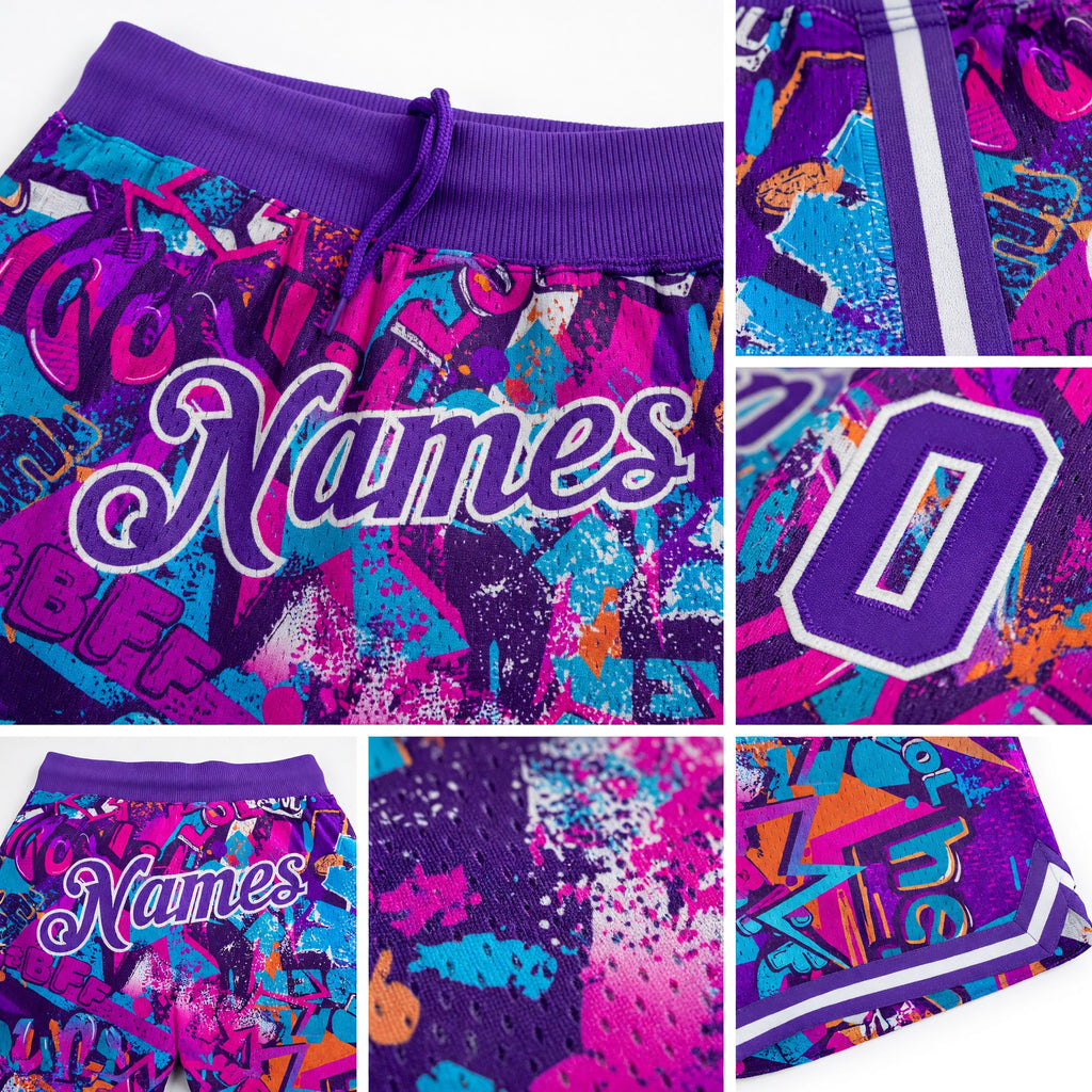 Custom Graffiti Pattern Purple-White 3D Words Authentic Basketball Shorts detail