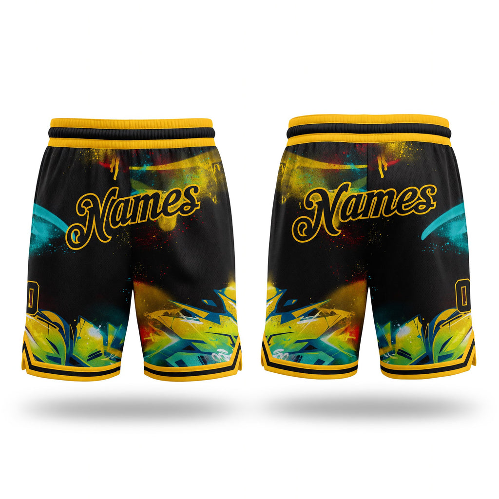 Custom Graffiti Pattern Black-Gold 3D Authentic Basketball Shorts