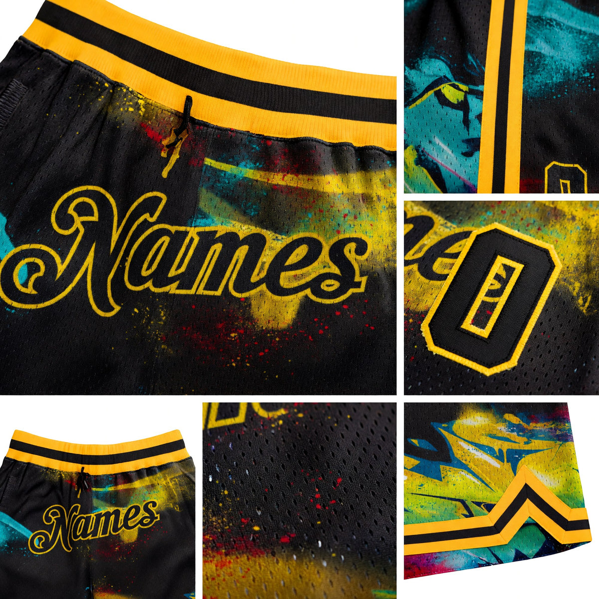 Custom Graffiti Pattern Black-Gold 3D Authentic Basketball Shorts detail