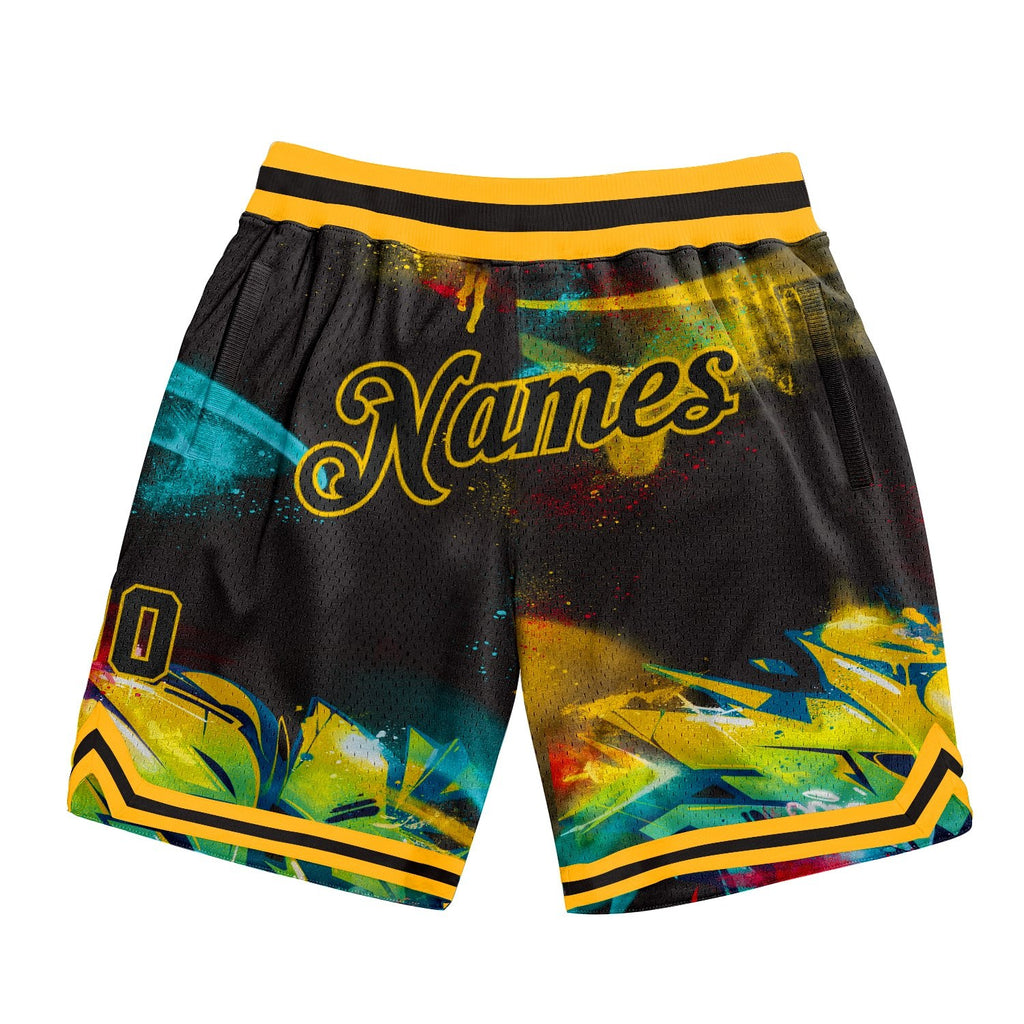 Custom Graffiti Pattern Black-Gold 3D Authentic Basketball Shorts photo 1