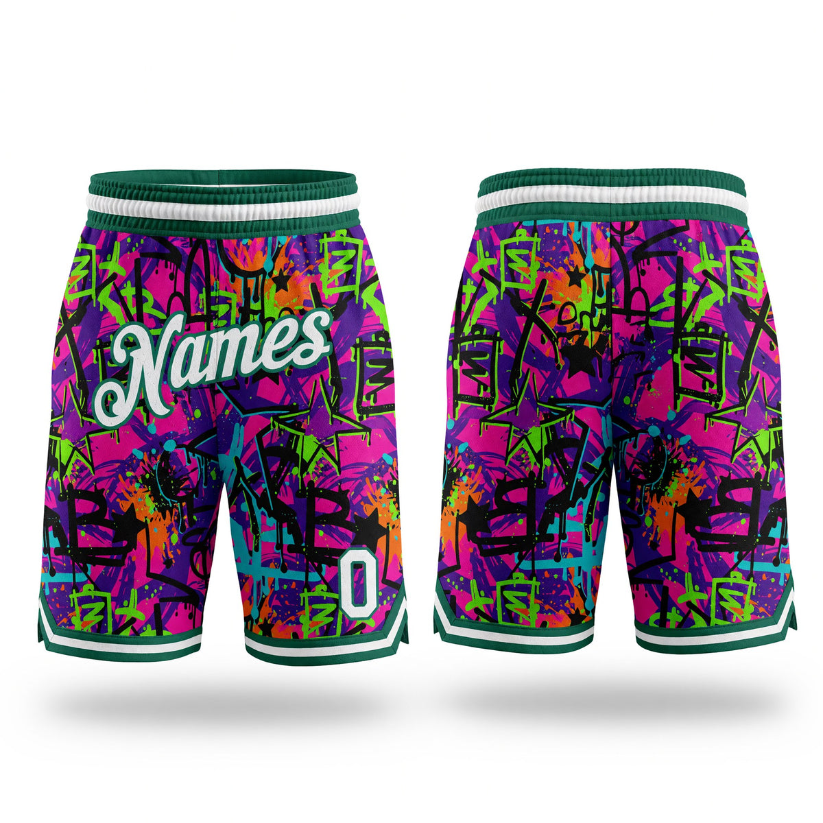 Custom Graffiti Pattern White-Kelly Green 3D Authentic Basketball Shorts