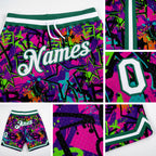 Custom Graffiti Pattern White-Kelly Green 3D Authentic Basketball Shorts detail