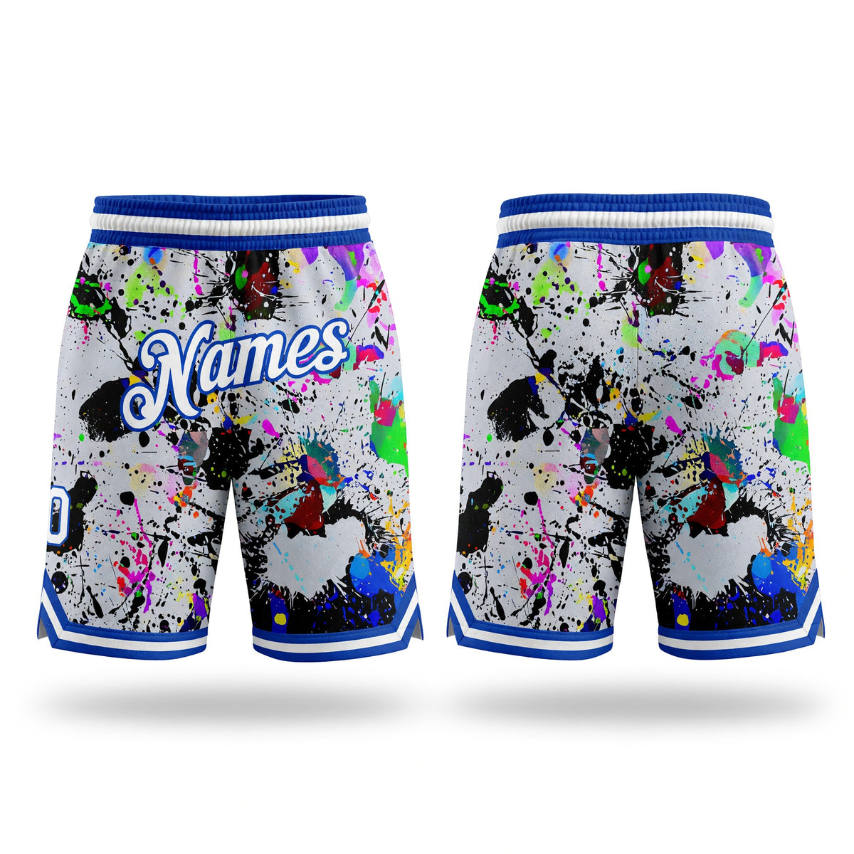 Custom Graffiti Pattern White-Royal 3D Authentic Basketball Shorts