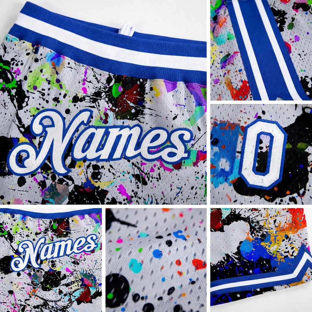 Custom Graffiti Pattern White-Royal 3D Authentic Basketball Shorts detail