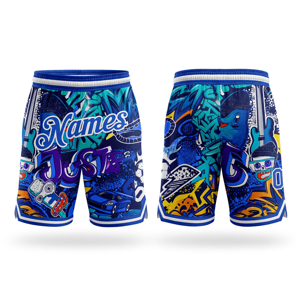 Custom Graffiti Pattern Royal-White 3D Authentic Basketball Shorts