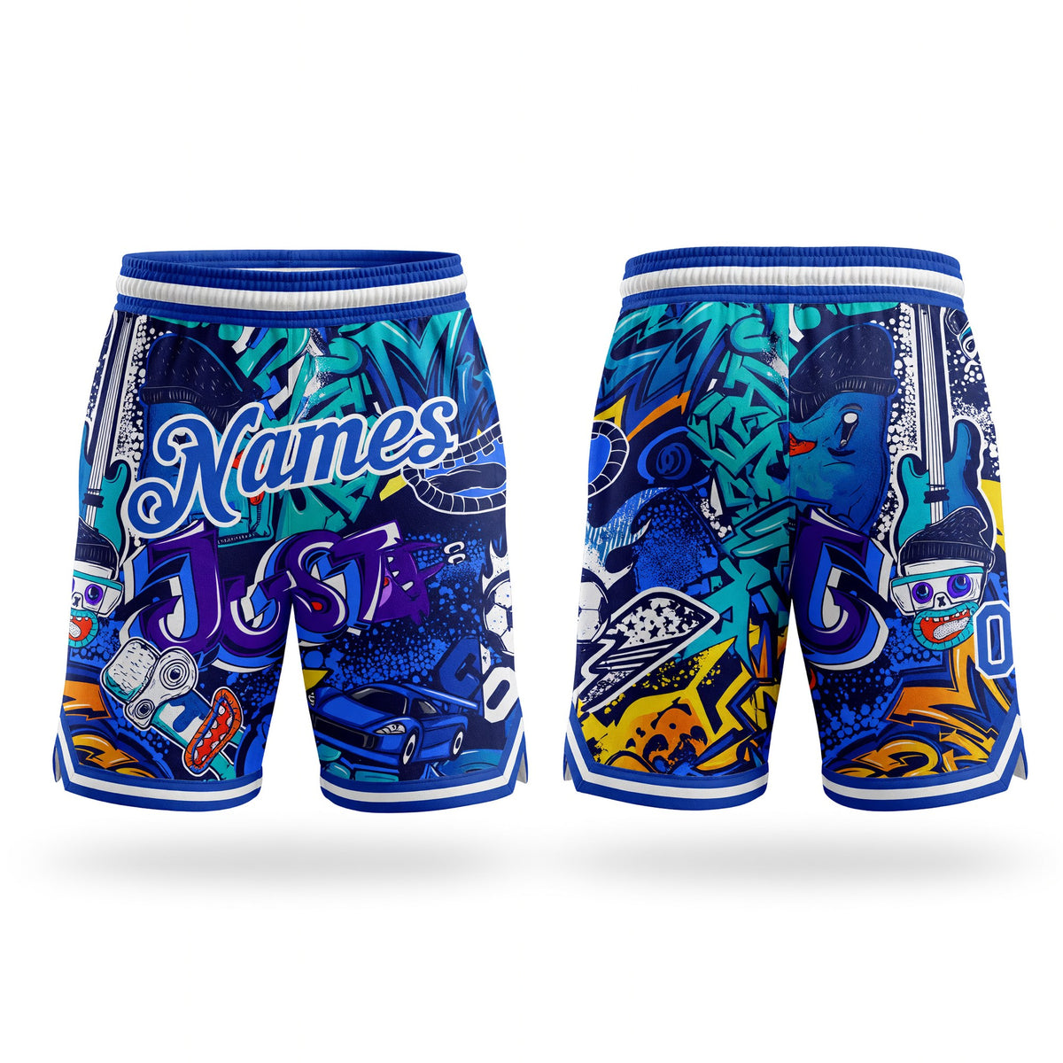Custom Graffiti Pattern Royal-White 3D Authentic Basketball Shorts