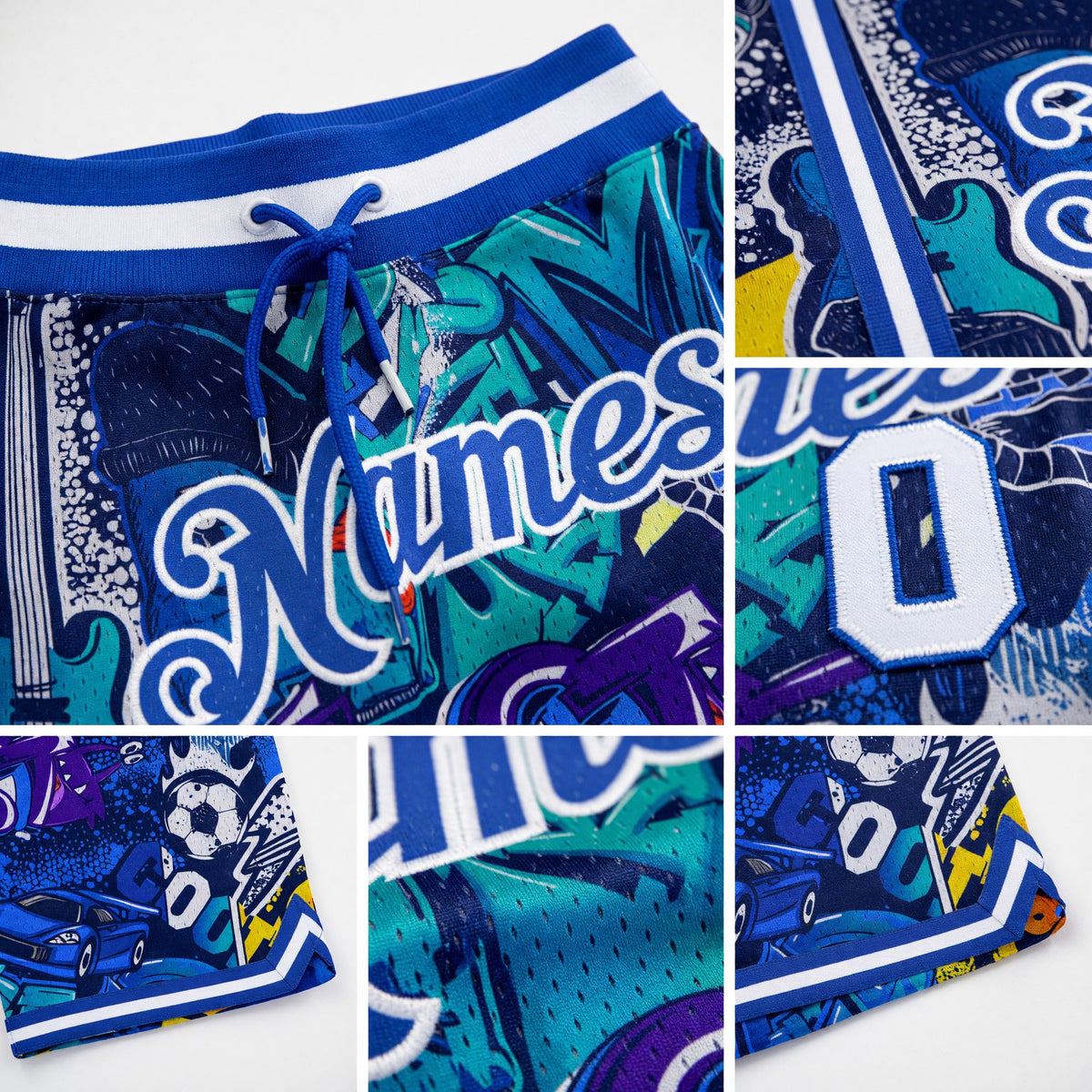 Custom Graffiti Pattern Royal-White 3D Authentic Basketball Shorts detail