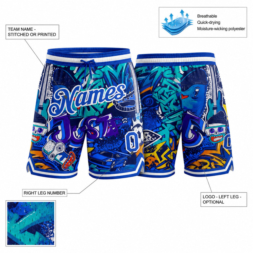 Custom Royal and White Graffiti Authentic Basketball Shorts customization guide