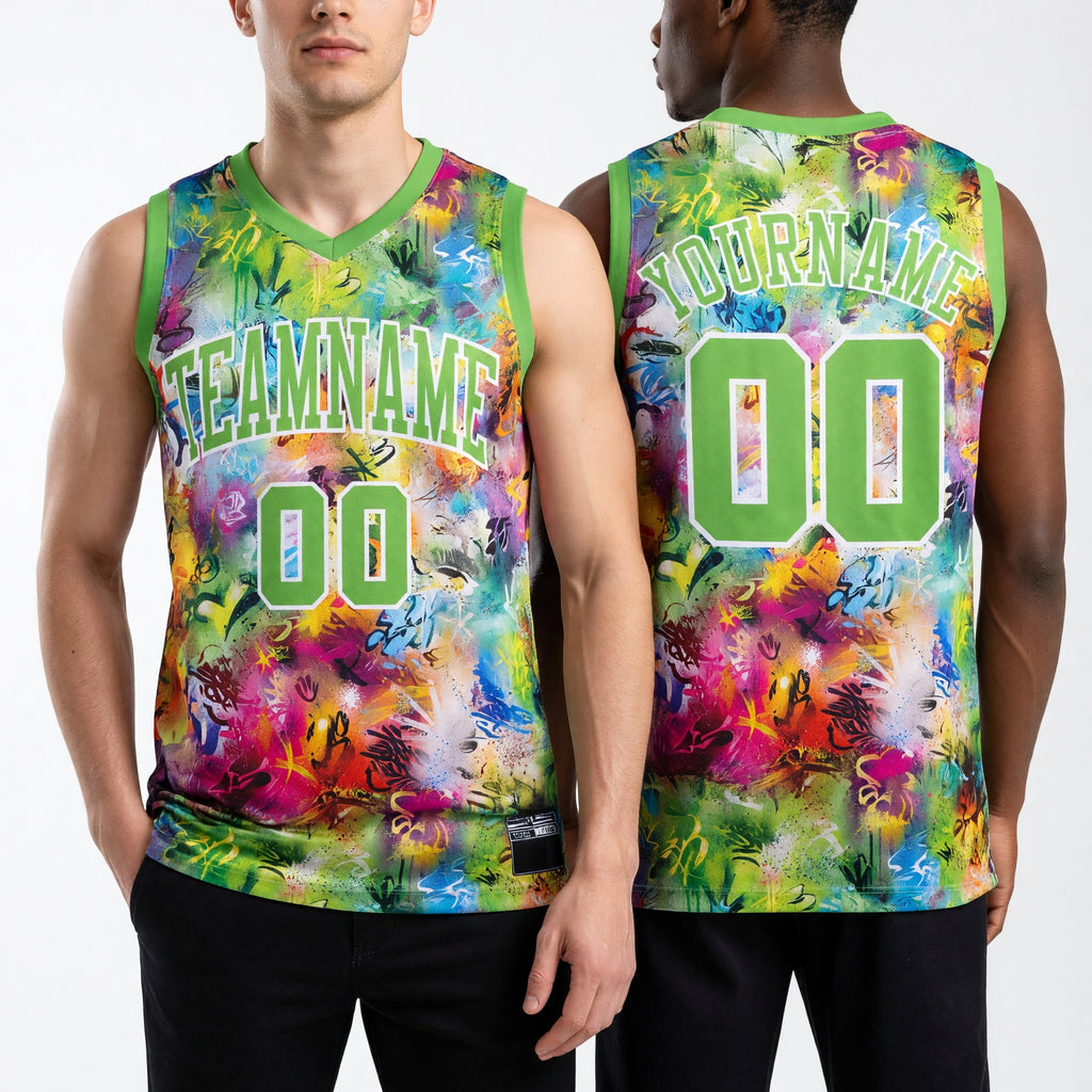 Custom Graffiti Pattern Neon Green-White Round Neck Sublimation Basketball Uniform Jersey worn front and back