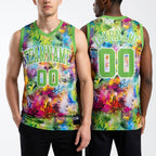 Custom Graffiti Pattern Neon Green-White Round Neck Sublimation Basketball Uniform Jersey worn front and back