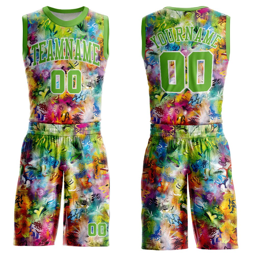 Custom Graffiti Pattern Neon Green-White Round Neck Sublimation Basketball Uniform Jersey
