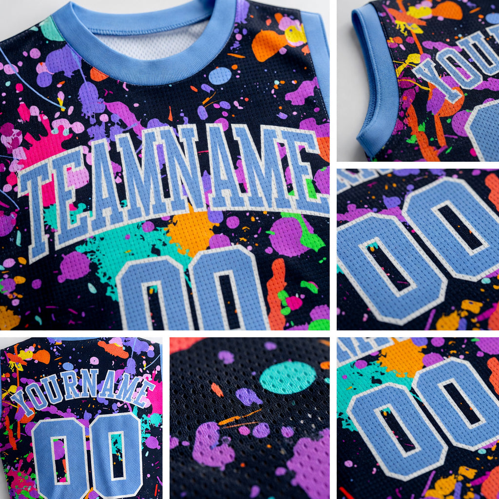 Custom Graffiti Pattern Light Blue-White Round Neck Sublimation Basketball Uniform Jersey detail