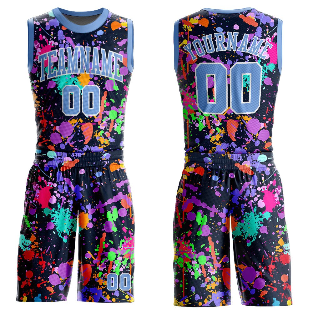 Custom Graffiti Pattern Light Blue-White Round Neck Sublimation Basketball Uniform Jersey photo 1