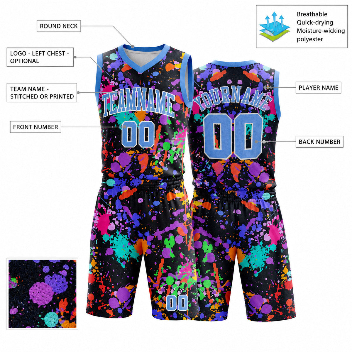 Custom Light Blue and White Graffiti Round Neck Sublimated Basketball Jersey customization guide