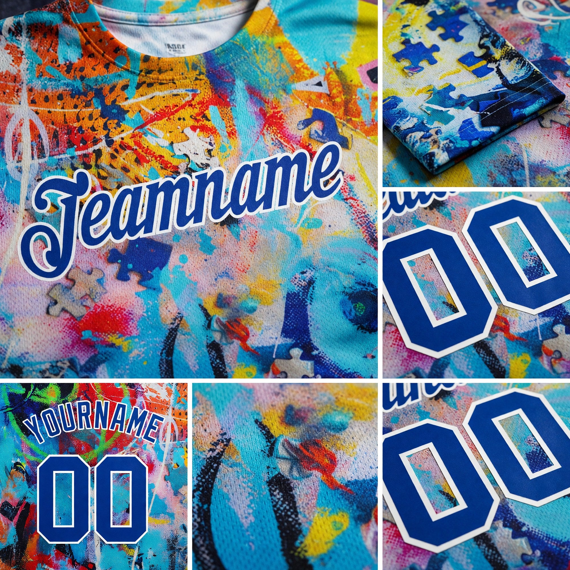 Custom Graffiti Pattern Royal-White 3D Performance T-Shirt detail