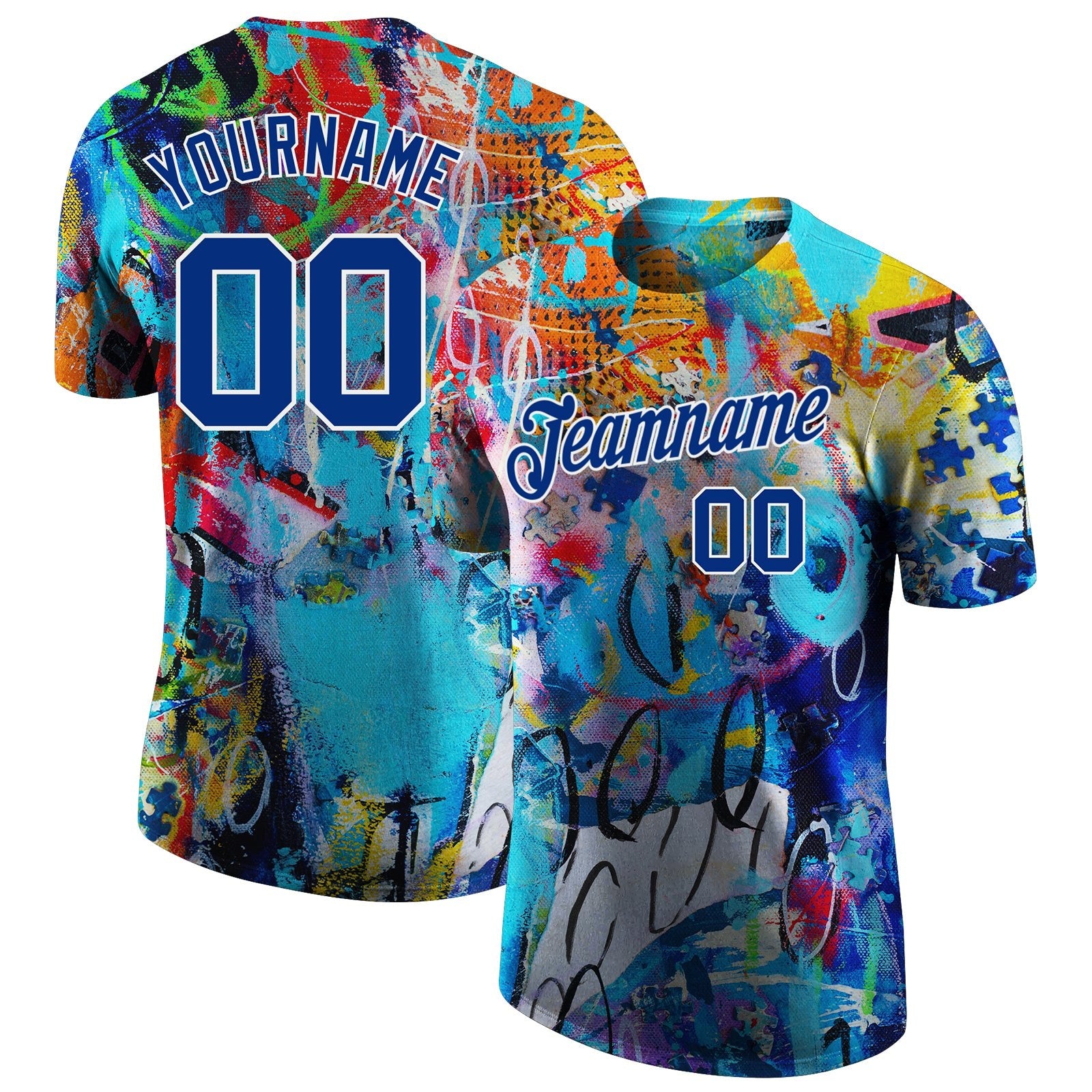 Custom Graffiti Pattern Royal-White 3D Performance T-Shirt photo 1