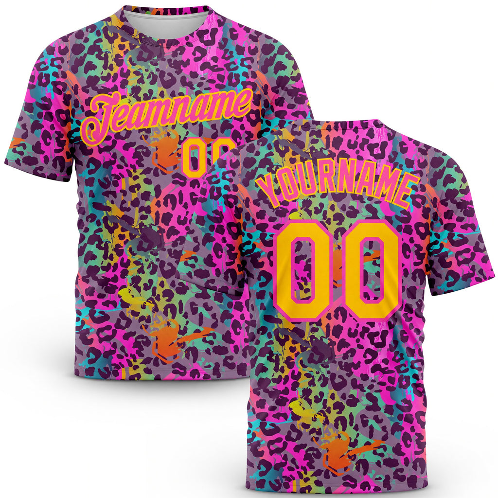 Custom Graffiti Pattern Gold-Pink 3D Colorful Leopard Performance T-Shirt