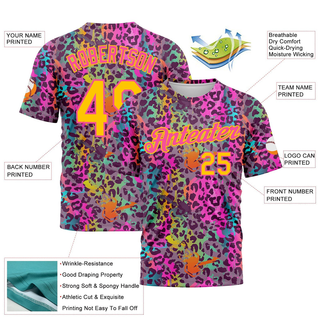 Custom Graffiti Pattern Gold-Pink 3D Colorful Leopard Performance T-Shirt photo 2