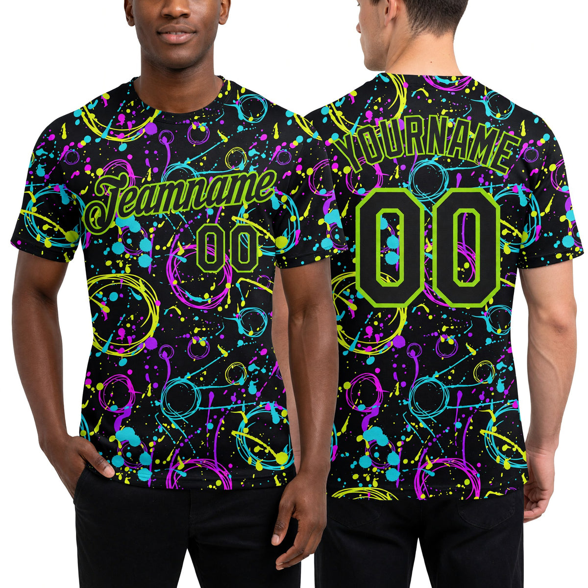 Custom Graffiti Pattern Black-Neon Green 3D Neon Splatter Performance T-Shirt worn front and back