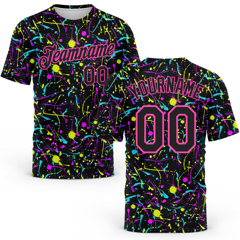 Custom Graffiti Pattern Black-Pink 3D Neon Splatter Performance T-Shirt