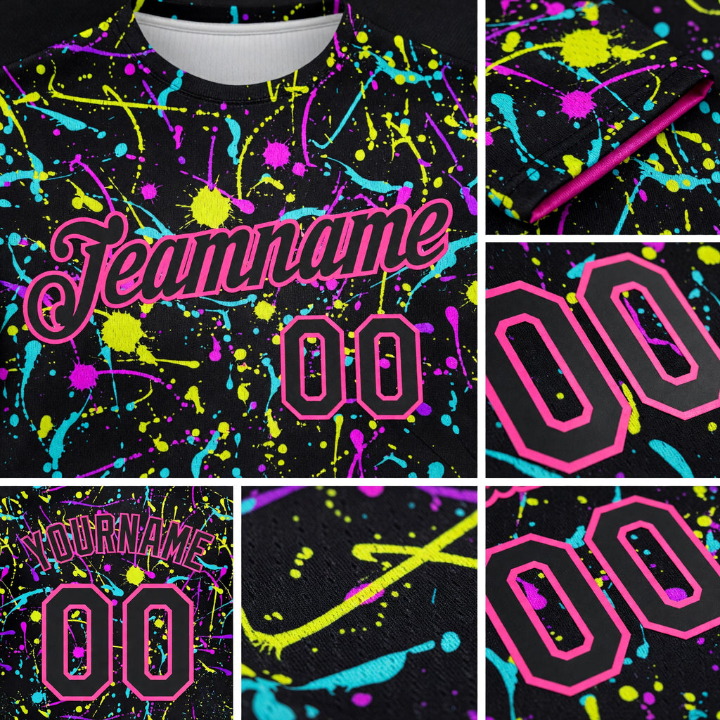 Custom Graffiti Pattern Black-Pink 3D Neon Splatter Performance T-Shirt detail