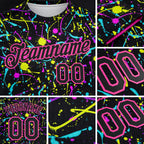 Custom Graffiti Pattern Black-Pink 3D Neon Splatter Performance T-Shirt detail