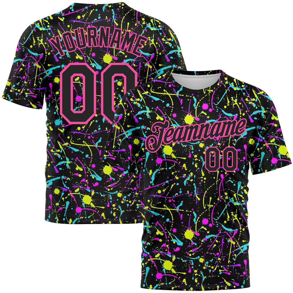 Custom Graffiti Pattern Black-Pink 3D Neon Splatter Performance T-Shirt photo 1