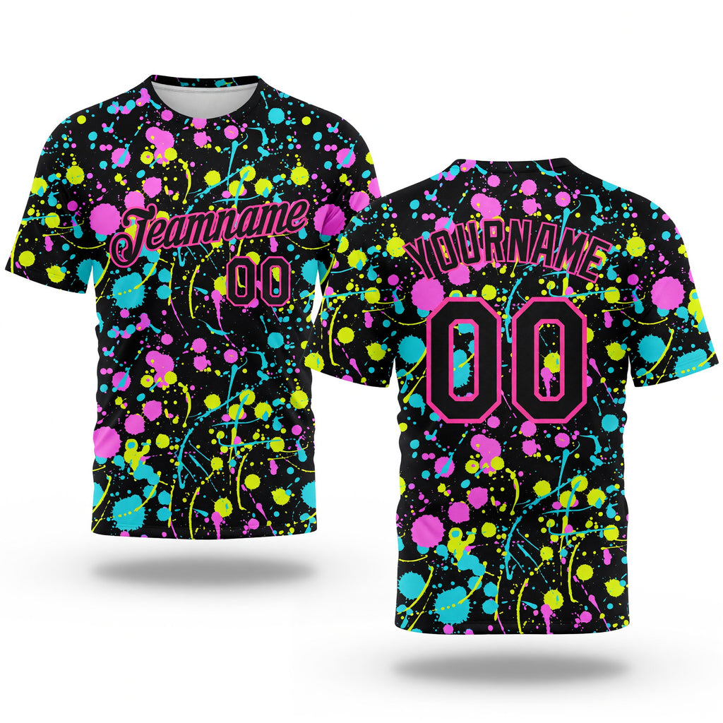 Custom Graffiti Pattern Black-Pink 3D Neon Splatter Performance T-Shirt