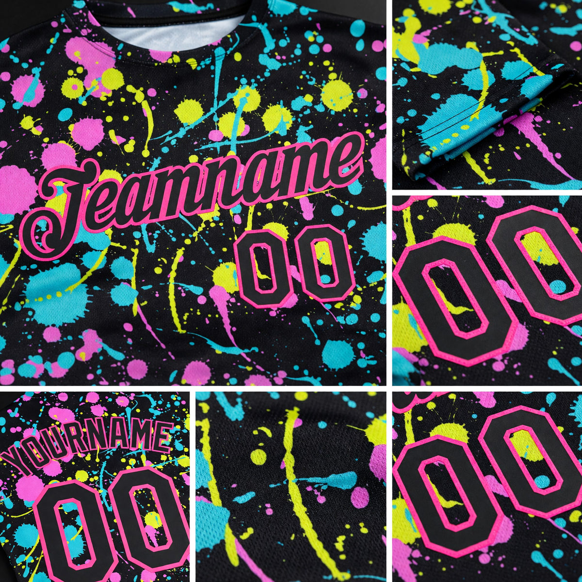 Custom Graffiti Pattern Black-Pink 3D Neon Splatter Performance T-Shirt detail
