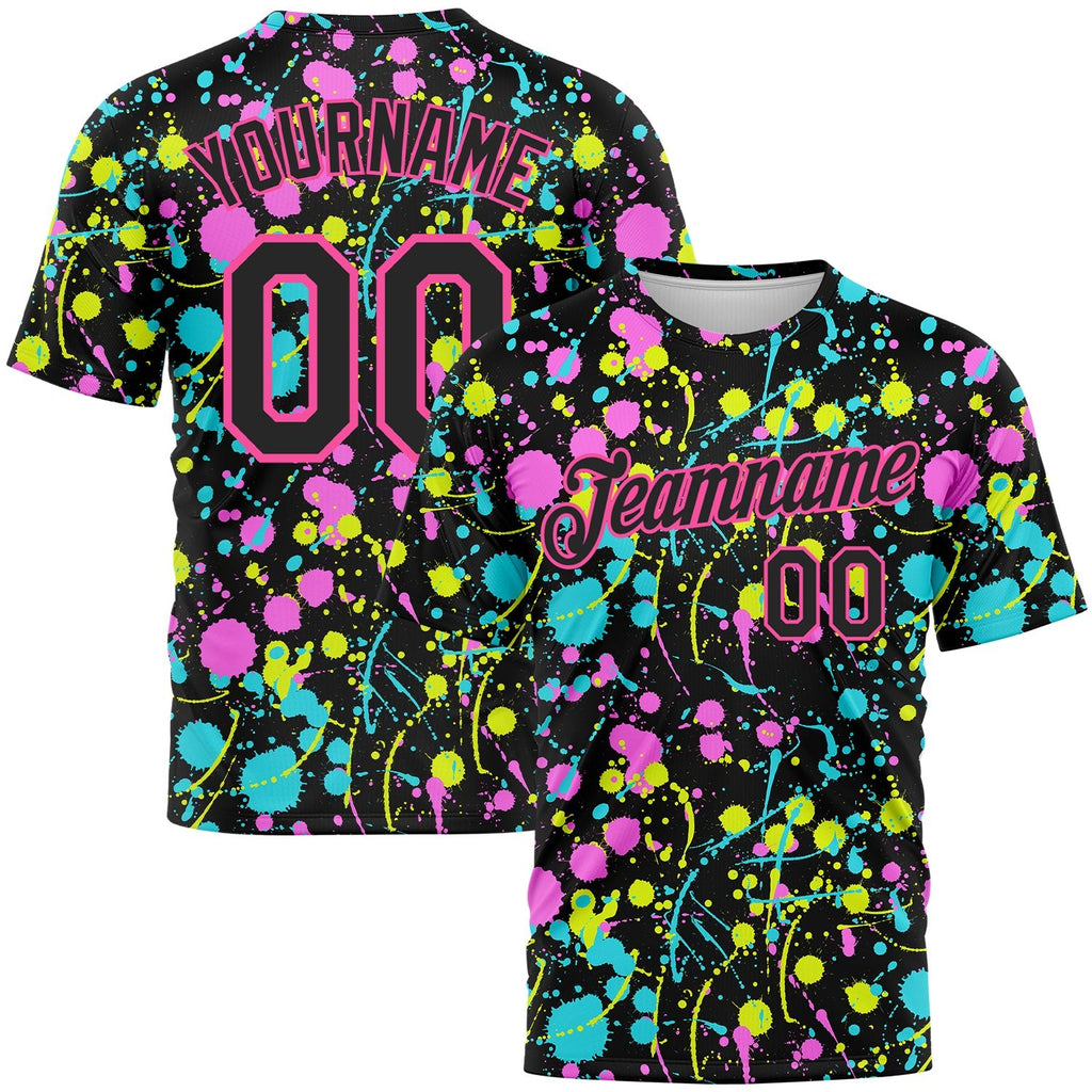 Custom Graffiti Pattern Black-Pink 3D Neon Splatter Performance T-Shirt photo 1