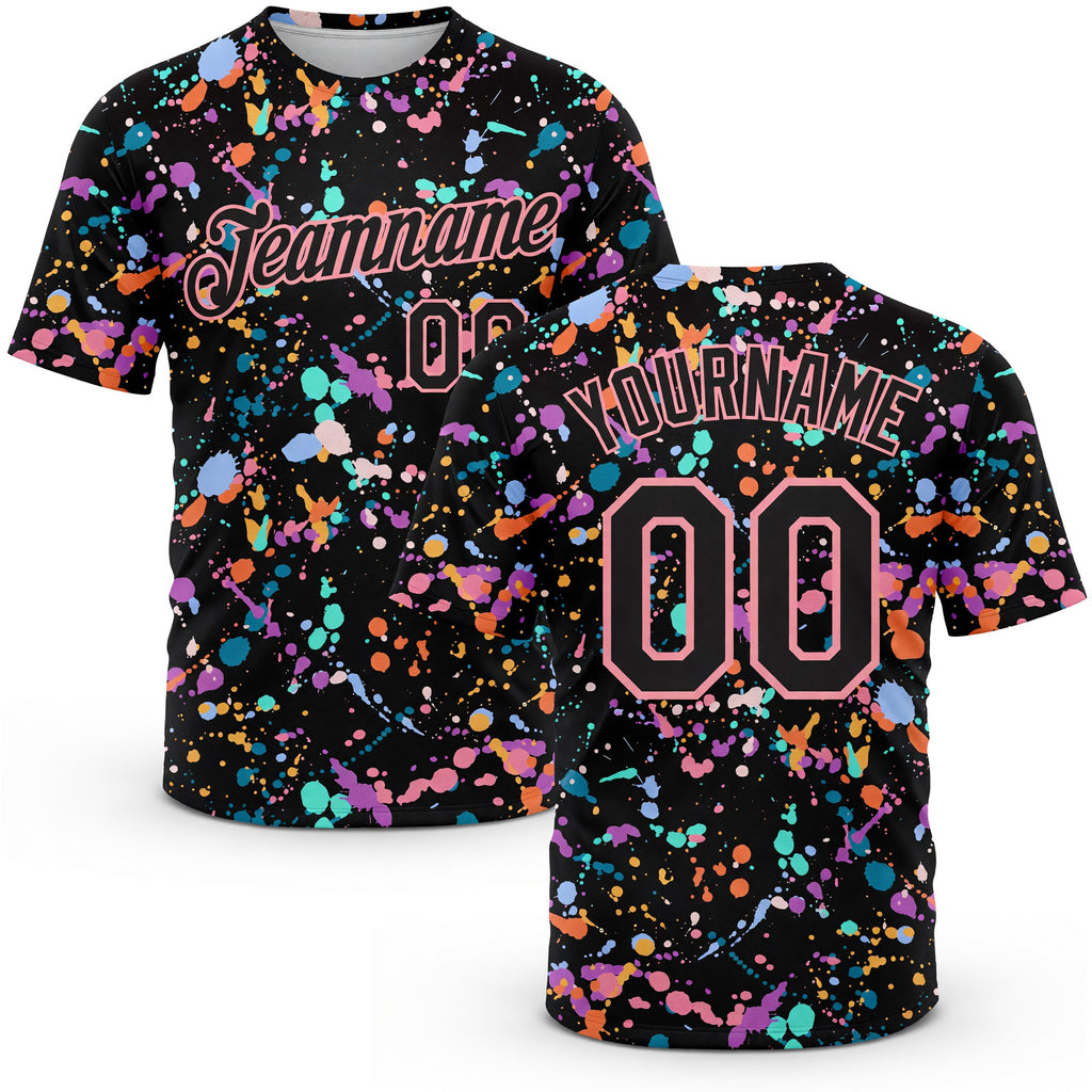 Custom Graffiti Pattern Black-Medium Pink 3D Expressive Splatter Performance T-Shirt