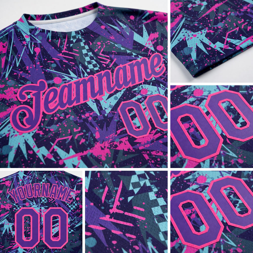 Custom Graffiti Pattern Purple-Pink 3D Creative Geometric Figures And Dots Performance T-Shirt detail