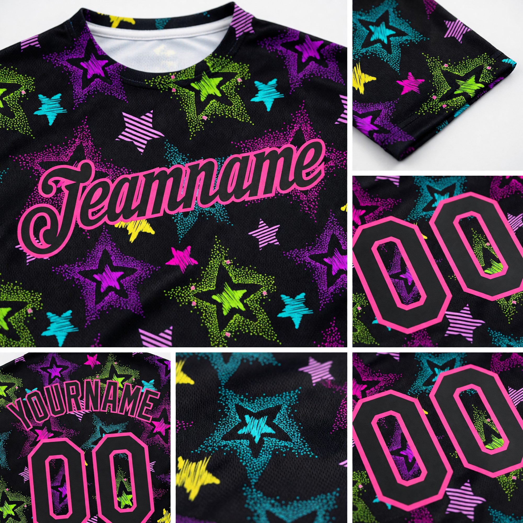 Custom Graffiti Pattern Black-Pink 3D Creative Colorful Stars Performance T-Shirt detail