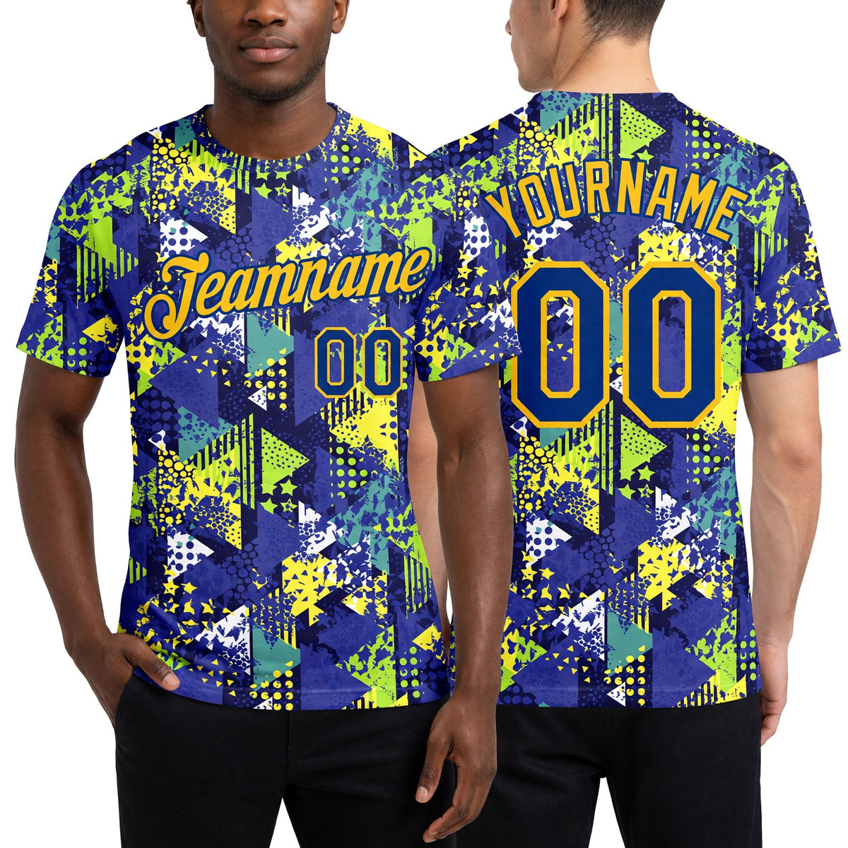 Custom Graffiti Pattern Royal-Gold 3D Creative Geometric Figures Triangle And Dots Performance T-Shirt worn front and back