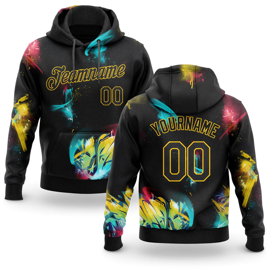 Custom Stitched Graffiti Pattern Black-Gold 3D Sports Pullover Sweatshirt Hoodie