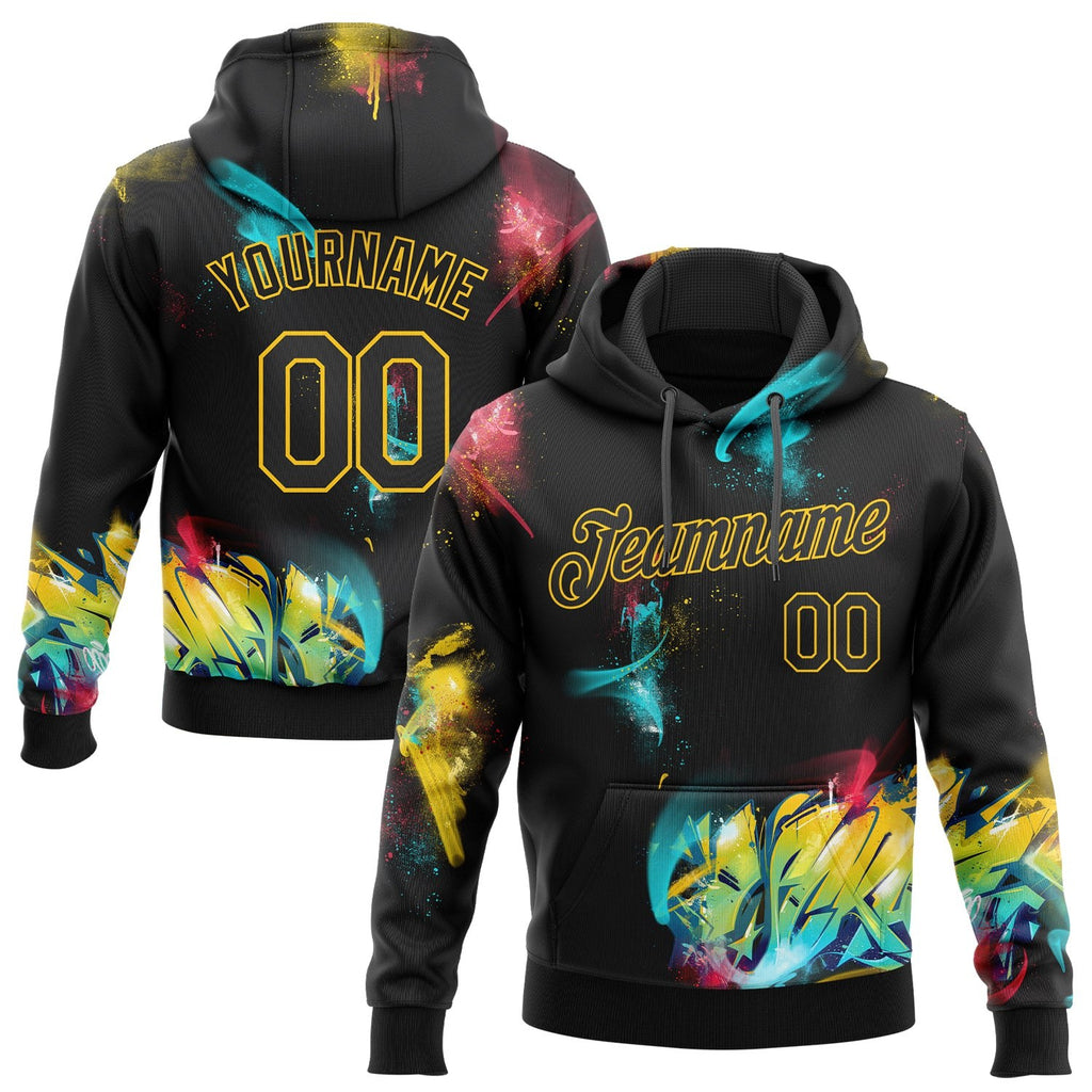 Custom Stitched Graffiti Pattern Black-Gold 3D Sports Pullover Sweatshirt Hoodie photo 1