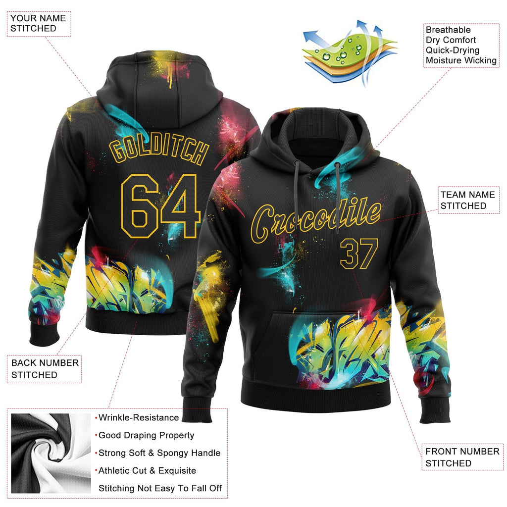 Custom Stitched Graffiti Pattern Black-Gold 3D Sports Pullover Sweatshirt Hoodie photo 2