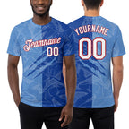 Custom Graffiti Pattern Royal Light Blue-Red Scratch 3D Performance T-Shirt worn front and back